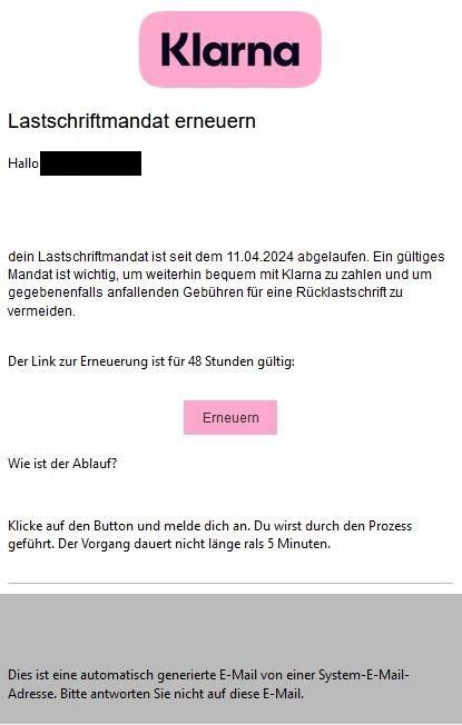 Phishing Betrug mit Fake Mail von Klarna