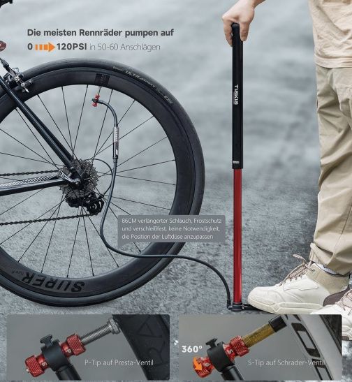 Tiakia Hochdruck Fahrradpumpe (18 bar) mit Manometer für 17,47€ (statt 35€)