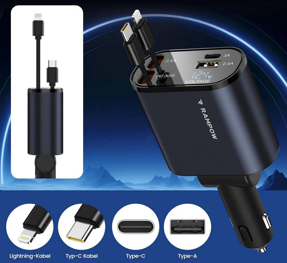 RAMPOW 65W Auto Ladegerät mit USB C / USB Port + Kabel für 16,19€ (statt 26€)