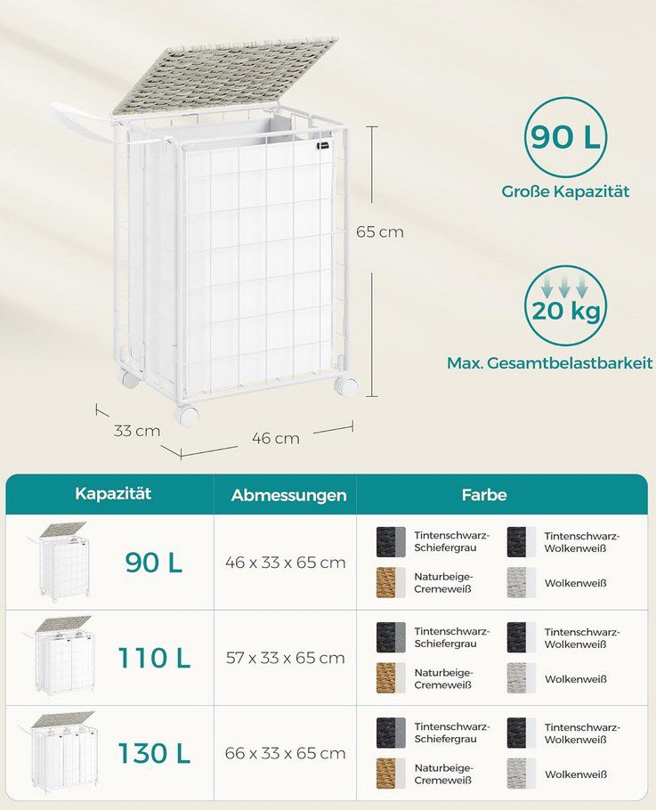 Songmics faltbarer Wäschekorb mit Rollen mit 90L/110L/130L ab 22,67€ (statt 32€)