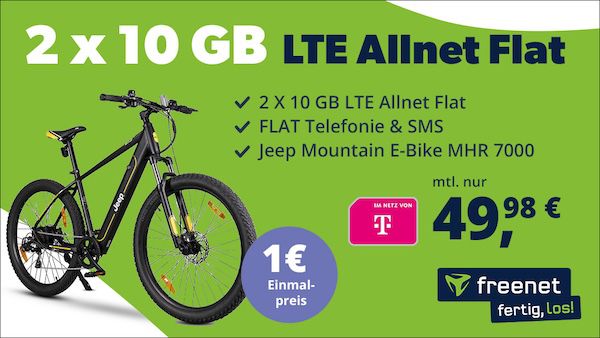 🔥 Jeep MTB E Bike MHR 7000 für nur 1€ (statt 1.389€) + 2x 10GB Telekom 49,98€ mtl.