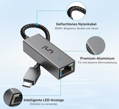 uni USB C / Thunderbolt 3 Ethernet Adapter für 9,59€ (statt 16€)