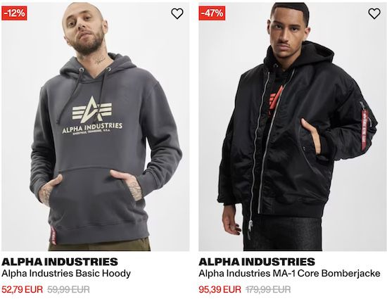 Alpha Industries Sale bis  47% + 10% extra   z.B. Bomberjacke 90,84€ (statt 152€)