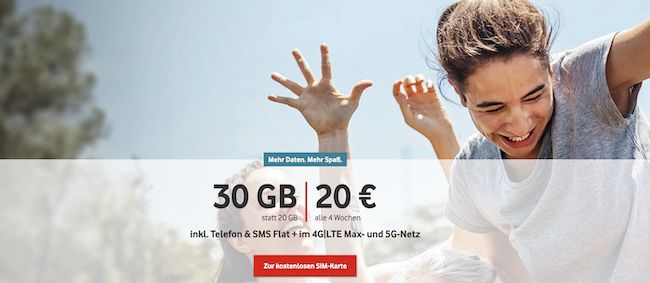 🔥 Vodafone CallYa Digital Prepaid 30GB LTE/5G für 20€ je 4 Wochen