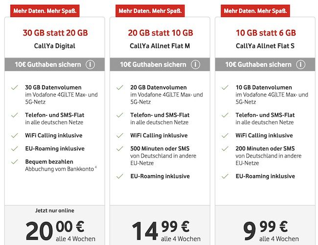 🔥 Vodafone CallYa Digital Prepaid 30GB LTE/5G für 20€ je 4 Wochen