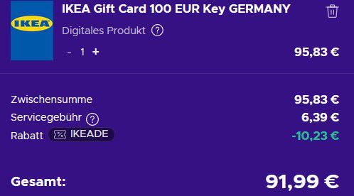 100€ IKEA Geschenkkarte für 91,99€