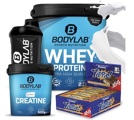 2Kg Bodylab Whey + Creatine + 12x Peanut Caramel Riegel + Shaker für 55€ (statt 80€)