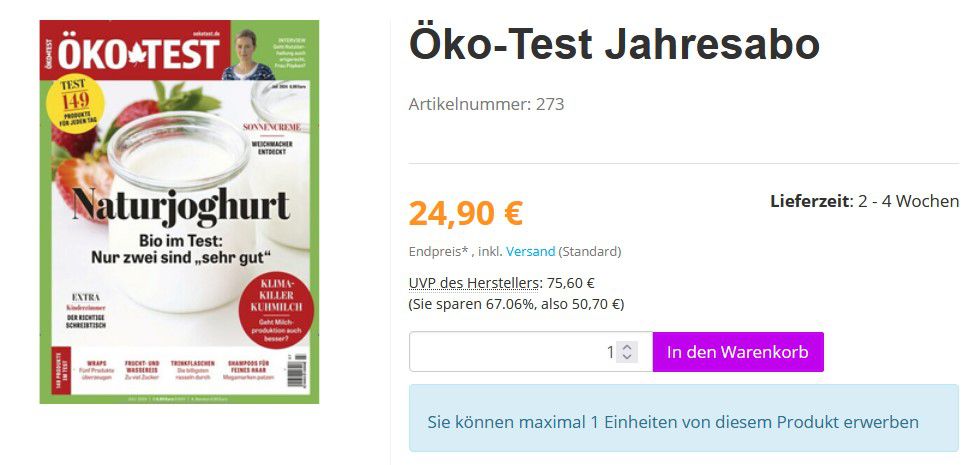 12 Ausgaben Öko Test für 24,90€ (statt 76€) dank Sofortrabatt