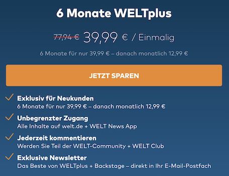 6 Monate WELTplus inkl. Bundesliga Highlights für 39,99€ (statt 78€)