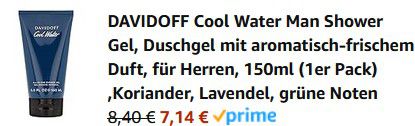 Davidoff Cool Water Man Shower Gel, 150ml ab 7,14€ (statt 12€)