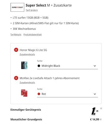 🔥 2x Honor Magic 6 Lite (256GB) für 1€ + 13GB o2 Allnet für 14,99€ mtl. + 30€ Bonus