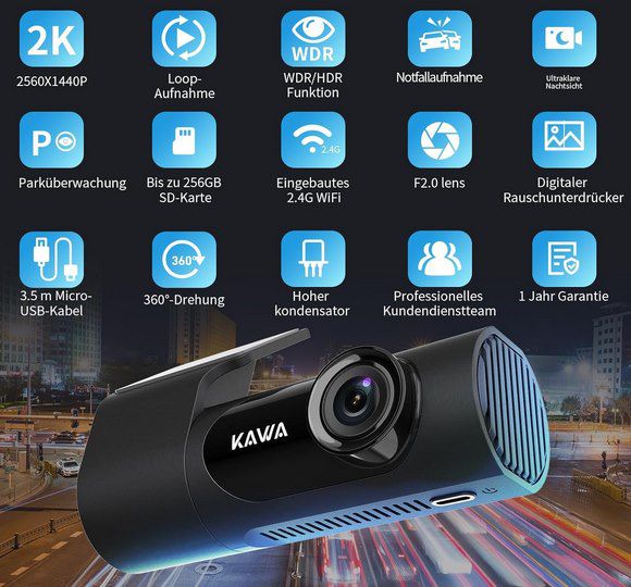 KAWA 1440P Dashcam mit WLAN, G Sensor & WDR für 34,64€ (statt 60€)