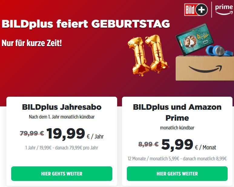 🔥 BILDplus: 1 Jahr nur 19,99€ (statt 80€) oder BILDplus & Amazon Prime 5,99€ mtl. (statt 8,99€)
