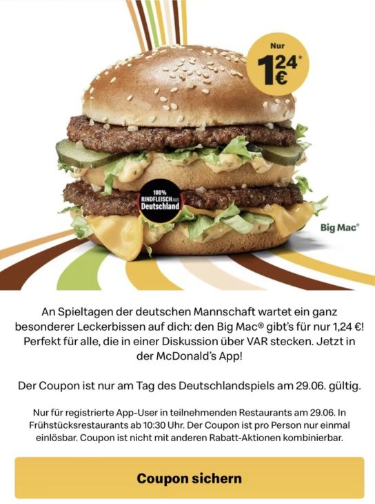 Heute: 🍔 Big Mac für 1,24€ mit der McDonald’s App