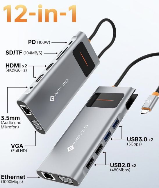 12in1 NOVOO USB C Hub mit Triple Display & LAN für 34,19€ (statt 43€)