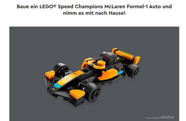 Gratis: LEGO Speed Champions McLaren Formel 1 Auto bei Bauaktion in LEGO Stores am 3.+4.7.