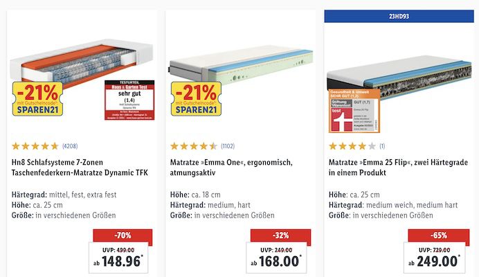 LIDL: 21% auf ausgewählte Matratzen & Bettwaren