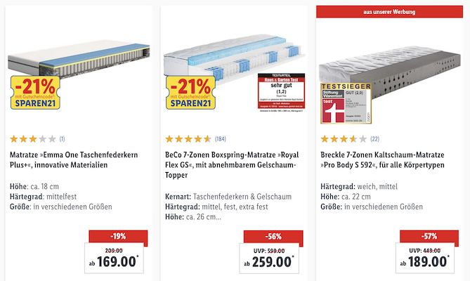 LIDL: 21% auf ausgewählte Matratzen & Bettwaren