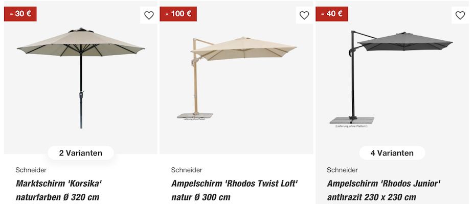 toom: Bis zu 15% Rabatt auf Schneider Sonnenschirme z.B. Napoli mit Ø270 cm für 60,94€ (statt 75€)