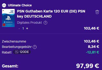 🎮🔥 120€ Sony Playstation Guthaben (PSN) Karte für 97,99€