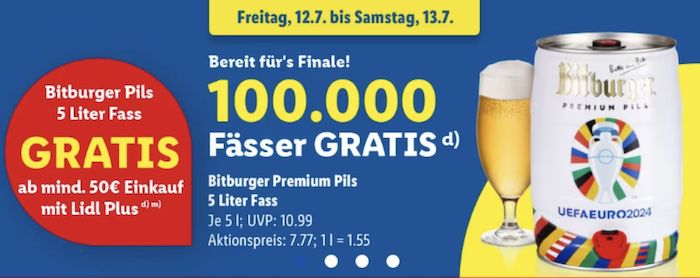 LIDL: 5 Liter Bitburger EM Partyfass mit Zapfhahn GRATIS (ab 50€ Einkauf)