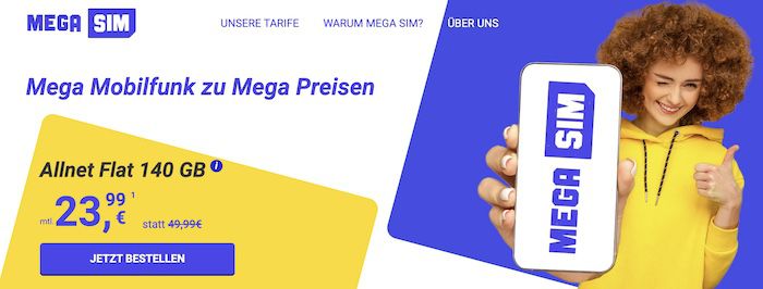 Mega SIM: o2 Allnet Flat mit 140GB 5G für 23,99€ mtl.