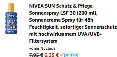 Nivea Sun Sonnencreme Spray 200ml mit LSF 30 für 6,35€ (statt 8€)