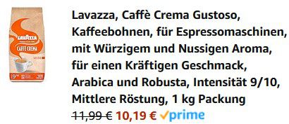 1kg Lavazza Caffè Crema Gustoso   Mittlere Röstung ab 10€ (statt 17€)