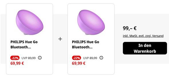 Doppelpack: PHILIPS Hue Go Bluetooth Tischleuchte für 99€ (statt 120€)
