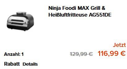 🔥 Ninja AG551DE Foodi MAX Grill & Heißluftfritteuse, 3,8L für 116,99€ (statt 160€)