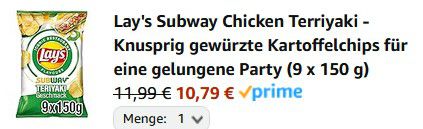 😋 9x Lays Subway Chicken Terriyaki ab 9,37€ (statt 18€)   1,04€ pro Tüte!