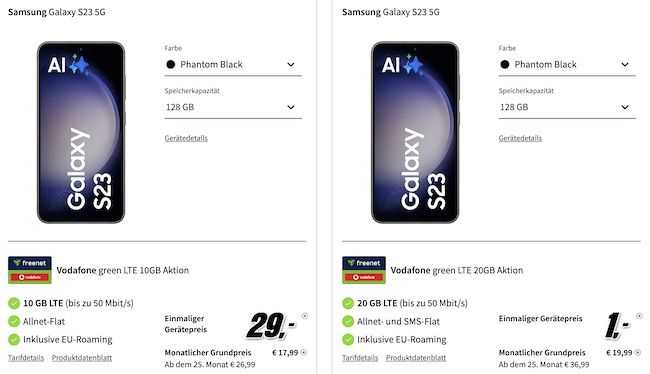 Samsung Galaxy S23 für 29€ + Vodafone Allnet 10GB für 17,99€ mtl.