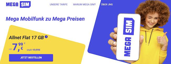 Mega SIM: o2 Allnet Flat mit 17GB 5G für 7,99€ mtl.