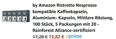 100x by Amazon Ristretto Nespresso kompatible Kaffeekapseln ab 13,82€ (statt 18€)