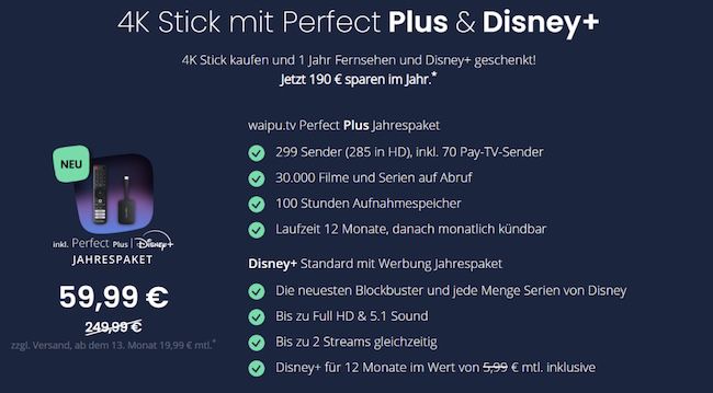 KRASS 🔥 12 Monate waipu.tv (mit Pay TV) inkl. 4K Stick + 12 Monate Disney+ für einmalig 59,99€ (statt 249€)