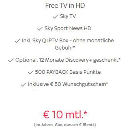 Sky TV inkl. Sky Q IPTV Box inkl HD TV für 10€ mtl (statt 15€) + 50€ Wunschgutschein