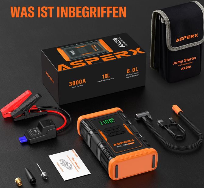 ASPERX Starthilfe Powerbank mit Kompressor AX260 für 54,99€ (statt 110€)