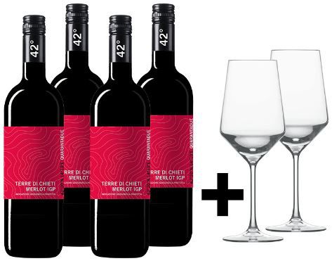 4 Flaschen 42° Merlot + 2 Zwiesel Sauvignon Blanc Gläser für 26,75€ (statt 47€)