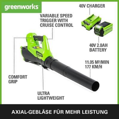 Greenworks G40ABK2 Axial Laubbläser Set, bis 177 km/h für 122,99€ (statt 160€)