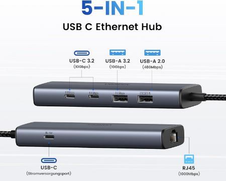 Ugreen 5 in 1 USB C/A 3.2 Hub mit Ethernet für 19,99€ (statt 25€)