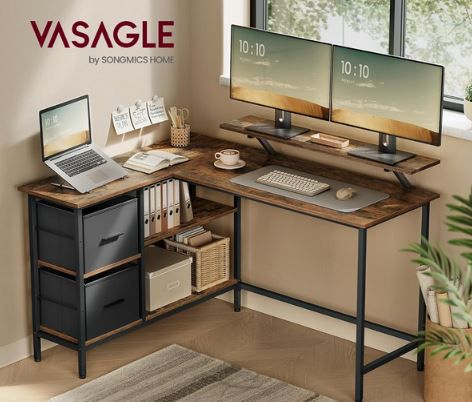 Vasagle L förmiger Vintage Schreibtisch mit Schubladen für 65,99€ (statt 90€)