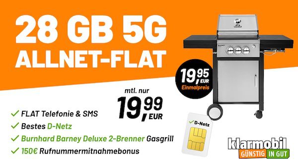 🔥🥩 Telekom Allnet 28GB 5G für 19,99€ mtl. + Burnhard Gasgrill + 150€ Bonus