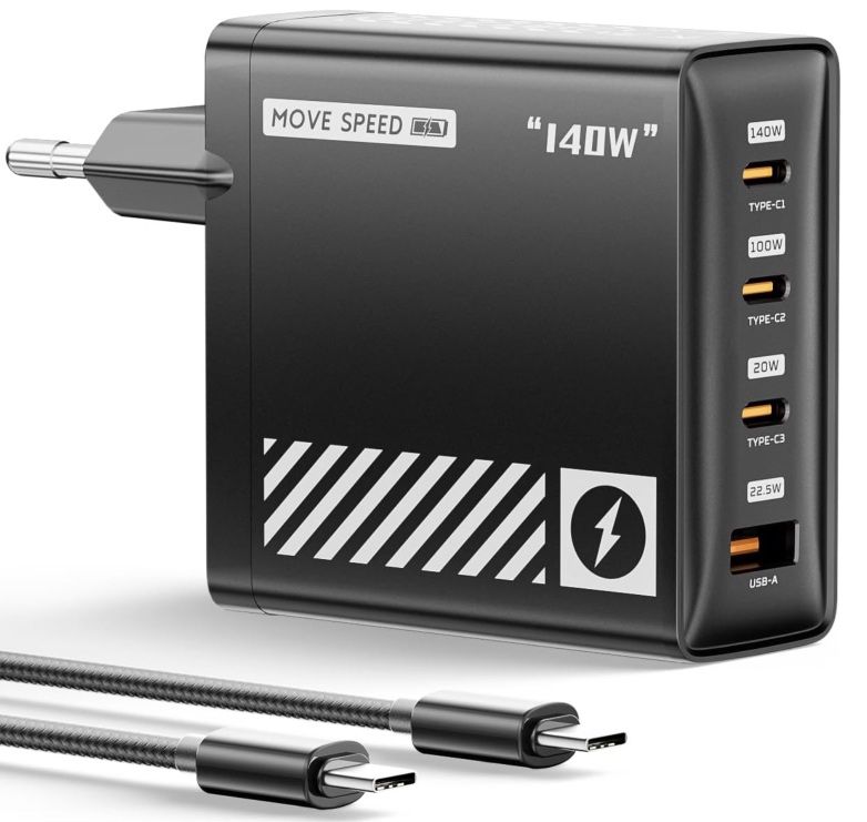 MOVE SPEED 140W USB C  PD 3.1 GaN 4 Port Ladegerät für 49,99€ (statt 80€)