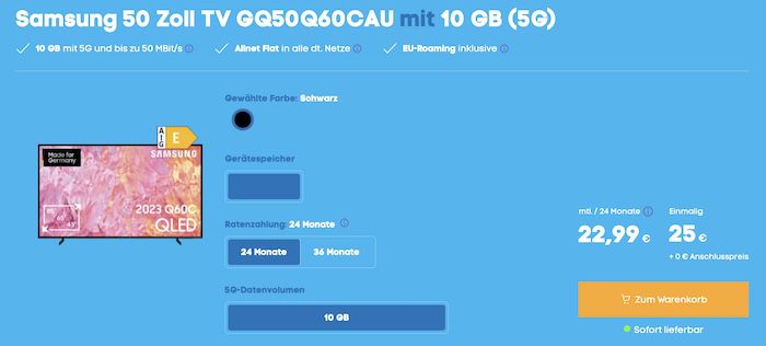 📺 50 Zoll Samsung UHD Fernseher + o2 Allnet 10GB 5G für 22,99€ mtl.