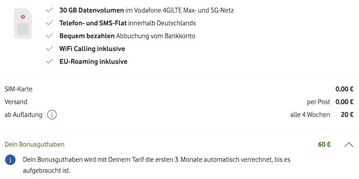 🔥 KNALLER! 30€ Gewinn dank GRATIS Vodafone SIM + 60€ Guthaben (3 Monate 30GB LTE & 5G Allnet kostenlos)