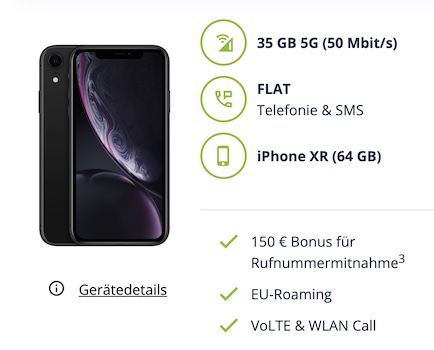 Apple iPhone XR + o2 Allnet 35GB 5G für 17,99€ mtl. + 150€ Bonus