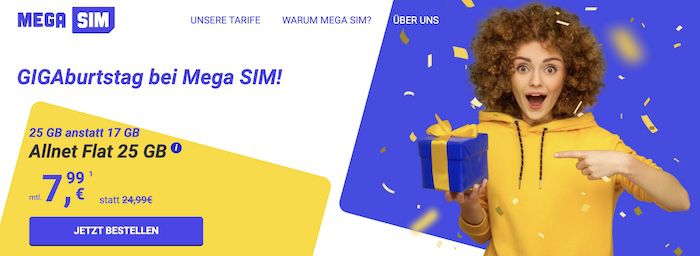 Mega SIM: o2 Allnet Flat mit 25GB 5G für 7,99€ mtl.   monatlich kündbar!