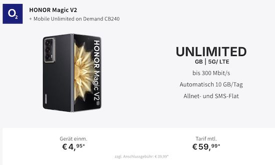 📱 Honor Magic V2 (512GB) + o2 Allnet unlimited 5G/LTE für 59,99€ mtl. + 240€ Cashback