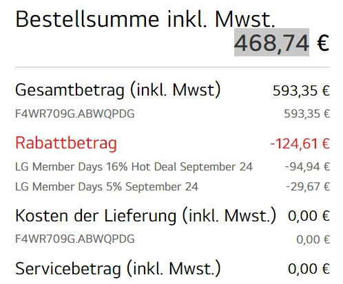 LG F4WR709G Waschmaschine mit Dampfprogramm, 9kg für 468,74€ (statt 669€)