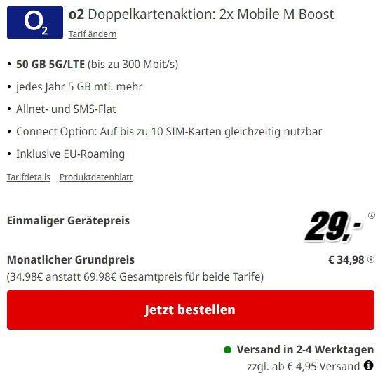 📱 Apple iPhone 14 für 29€ + 2x o2 Allnet 50GB für 34,98€ mtl.